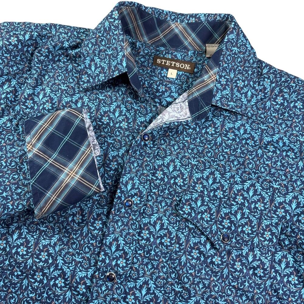 Stetson Western Pear Snap Shirt Men Large Blue Floral Flip Cuff Rodeo Rockabilly